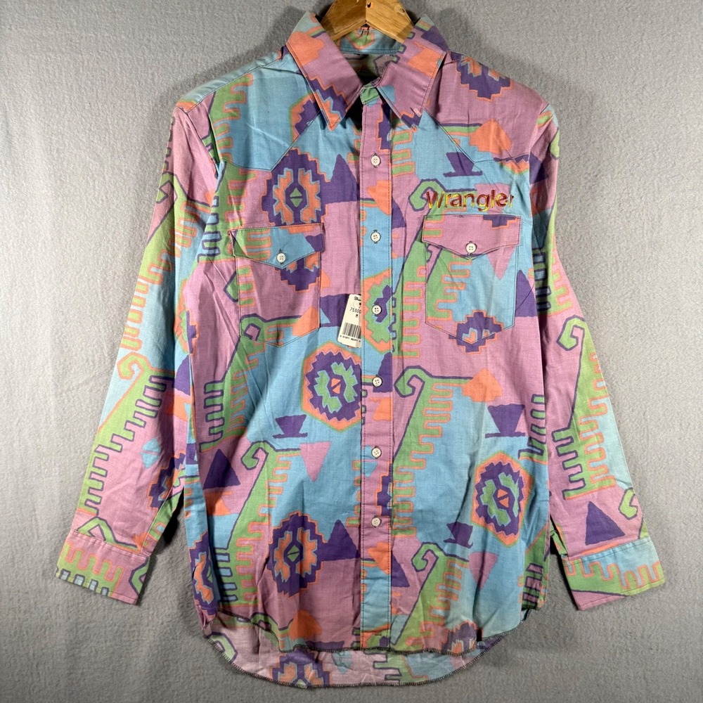 Vintage Wrangler Brushpopper Western Shirt Mens Medium Aztec Geometric Print